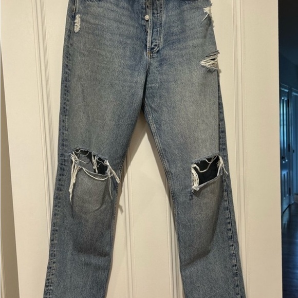 Agolde Light Blue Ripped Straight Leg Jeans - Picture 3 of 6